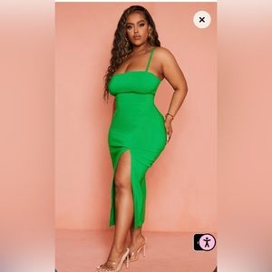 New Bright Green Stretch Woven Cross Back Midi Dress